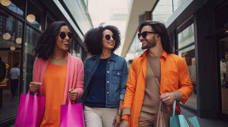 A close-knit group of friends all dressed in casual yet stylish outfits exit a bustling shopping mall. They carry bags in vibrant shades of purple teal and orange. Their laughter is infectious clearly having had a fantastic time shopping.の素材