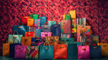 Colorful Shopping Bags Arranged Against a Lively Backdropの素材