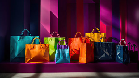 Vibrant Shopping Bags Arranged for an Inviting Visual Displayの素材