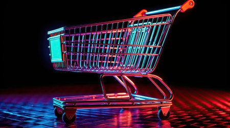 Sleek Chrome-finished Shopping Cart in Vibrant Settingの素材