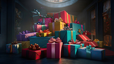 Joyful Themed Gift Boxes Against Vibrant Backdropの素材