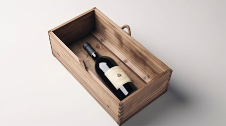 An elegant mockup of a wine bottle in a wooden crate isolated on white background top view.の素材