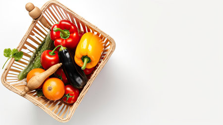 A practical mockup of a shopping basket with groceries isolated on white background top view.の素材