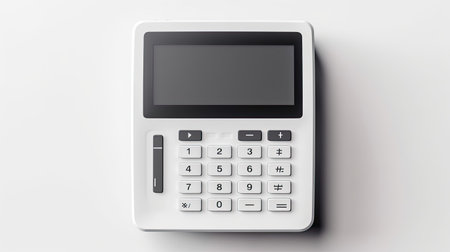 A sleek mockup of a credit card terminal with blank screen isolated on white background top view.の素材
