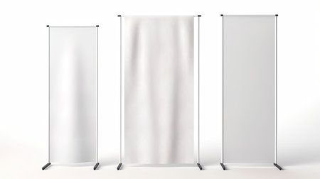 A detailed mockup of a banner stand with custom design isolated on white background top view.の素材