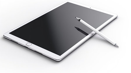 A detailed mockup of a tablet with stylus and blank screen isolated on white background top view.の素材