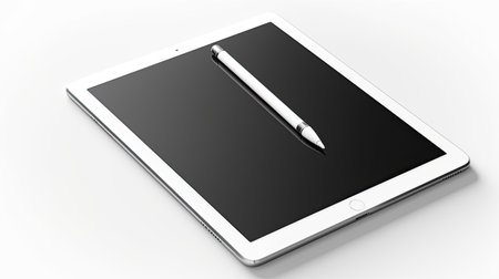 A detailed mockup of a tablet with stylus and blank screen isolated on white background top view.の素材