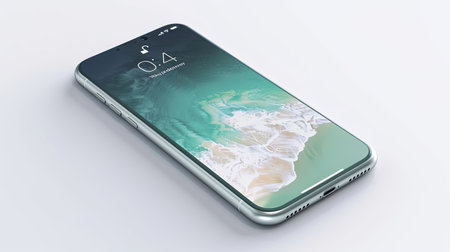 An intricate mockup of a mobile phone with customizable interface isolated on white background top view.の素材