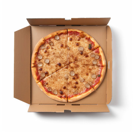 A detailed mockup of a pizza box isolated on white background top view.の素材