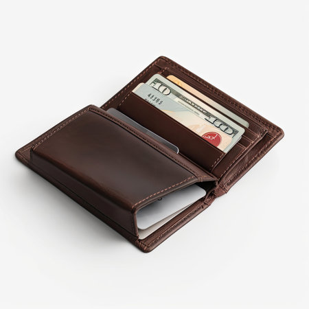A sleek mockup of a wallet with cards and cash isolated on white background top view.の素材