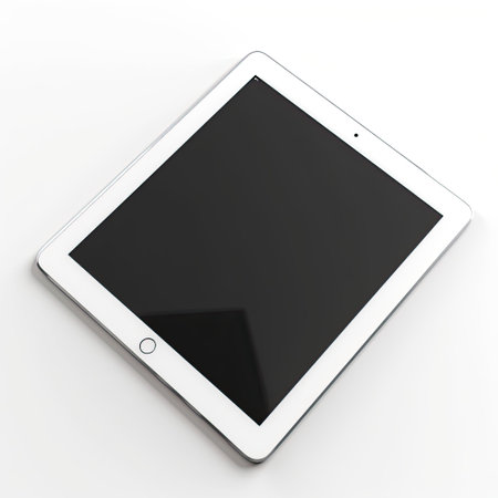 A detailed mockup of a tablet with blank screen isolated on white background top view.の素材