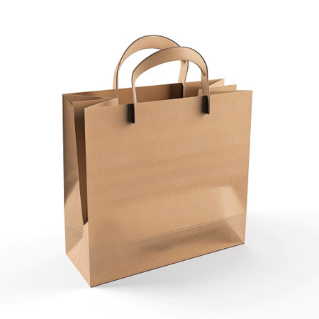 A stylish mockup of a paper bag with handles isolated on white background top view.の素材