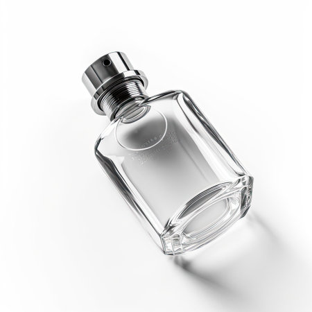 A clean mockup of a bottle of perfume with label isolated on white background top view.の素材