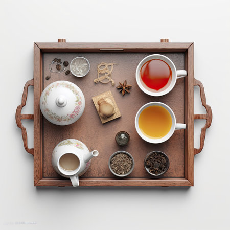 An elegant mockup of a tray with tea set isolated on white background top view.の素材