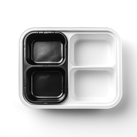 A practical mockup of a takeout container with food isolated on white background top view.の素材