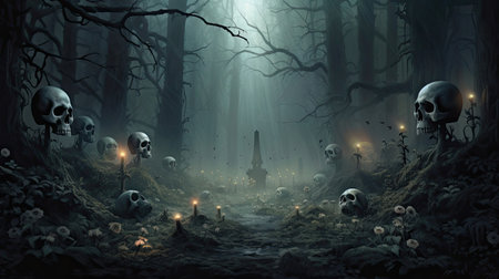 Skulls in the Misty Fog of an Enchanted Forestの素材