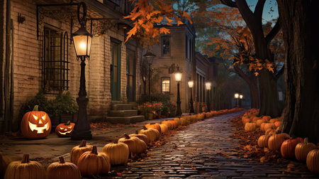 Pumpkin Lanterns Along a Cobblestone Streetの素材