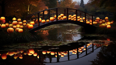 Pumpkin-Lined Bridge Over a Reflective Pondの素材
