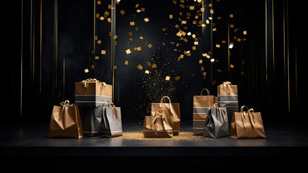 Enchanting scene featuring golden shopping bags floating around a sparkling podium against a deep velvety black backdrop.の素材
