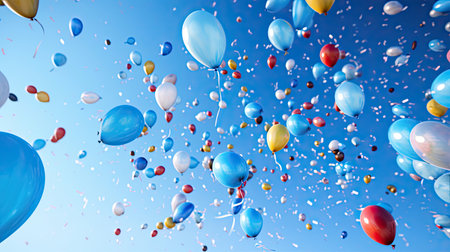 Whimsical arrangement of balloons in various shades rising from a bed of confetti against a sky-blue background.の素材