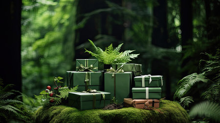 Lush Foliage with Gift Boxes in Forest Greenの素材
