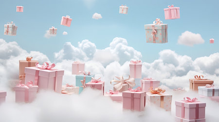 Whimsical display of gift boxes dreamy pastel tonesの素材