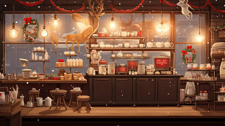 Playful Reindeer Baristas in a Festive CafÃ©の素材