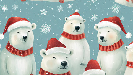 A repeating pattern of friendly polar bears wearing Santa hats and scarves surrounded by falling snowflakesの素材