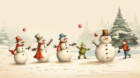 A playful design featuring mischievous snowmen engaged in a spirited snowball fightの素材