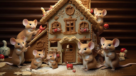 A playful pattern of mischievous mice helping themselves to crumbs from a gingerbread houseの素材