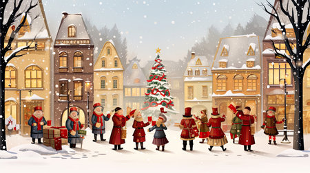 A repeating pattern of cheerful carolers singing in a snowy town square accompanied by a brass bandの素材