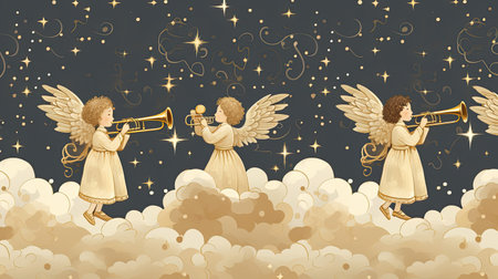 A repeating pattern of joyful angels playing trumpets and singing carols amidst golden cloudsの素材