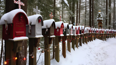Rows of festively decorated mailboxes each with a stack of letters to Santa and a sprinkle of snowの素材