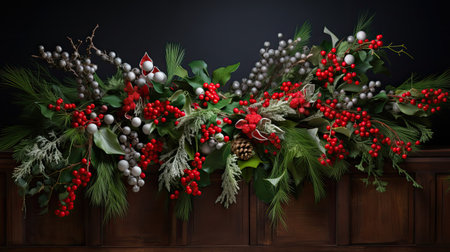 A cheerful arrangement of festive garlands made of holly berries and pineconesの素材
