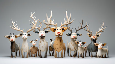 A whimsical arrangement of friendly reindeer each with its own unique antler shape and expressionの素材