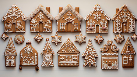 Gingerbread cookie collection with delightful reindeer ornaments and gingerbread housesの素材