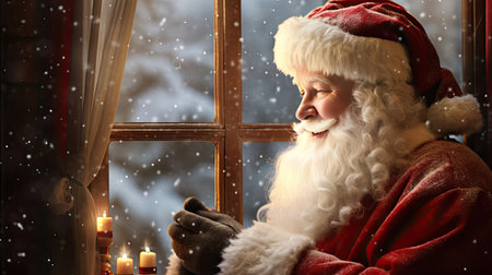 Santa Framed by Frosty Window Gazing in Snowの素材