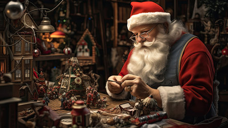 Santa with Handmade Toy in Cheerful Workshopの素材