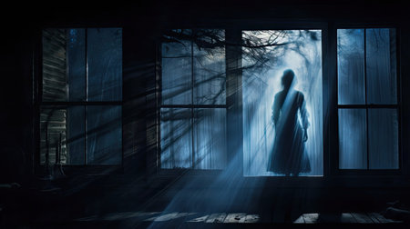 Ghostly Reflections by the Moonlit Windowの素材