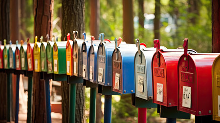 Rows of festively decorated mailboxes with letters addressed to The North Pole and colorful stampsの素材