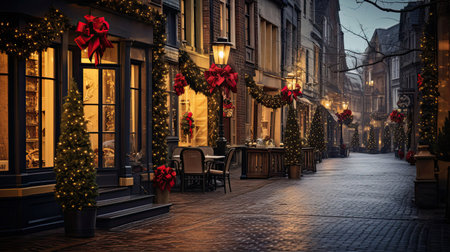 Festively Decorated Cobblestone Street with Twinkling Lightsの素材