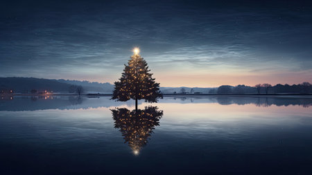 Tranquil Lakeside View with Moonlit Christmas Tree Reflectionの素材