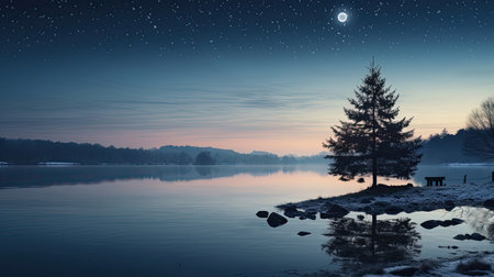 Tranquil Lakeside View with Moonlit Christmas Tree Reflectionの素材