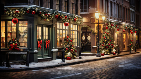 Charming Cobblestone Street with Festive Storefrontsの素材