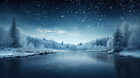 Winter Wonderland with Frozen Pond and Starry Night Skyの素材
