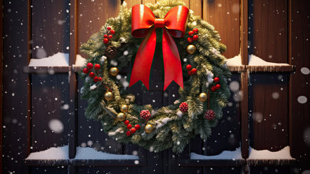 Snow-Dusted Wreath of Fresh Holly on a Wooden Doorの素材