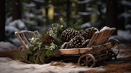 Sled with Plaid Blanket Evergreen Boughs and Fresh Snowの素材
