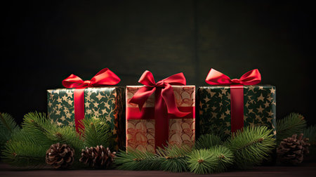 Gift boxes with perfectly tied bows nestled among fragrant evergreen branches and pine conesの素材