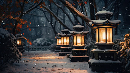 Path through the snowy garden lit by a row of warmly glowing lanterns with flickering candlesの素材