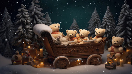 Plush teddy bears and toys in a vintage sleigh surrounded by snow-covered trees and starsの素材